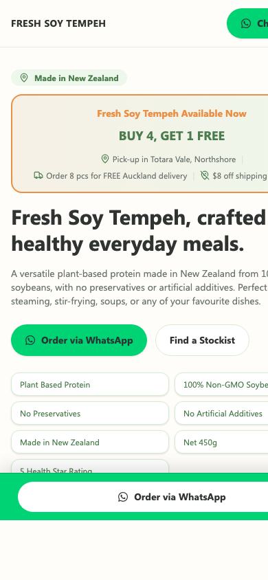 Fresh Soy Tempeh mobile landing page preview