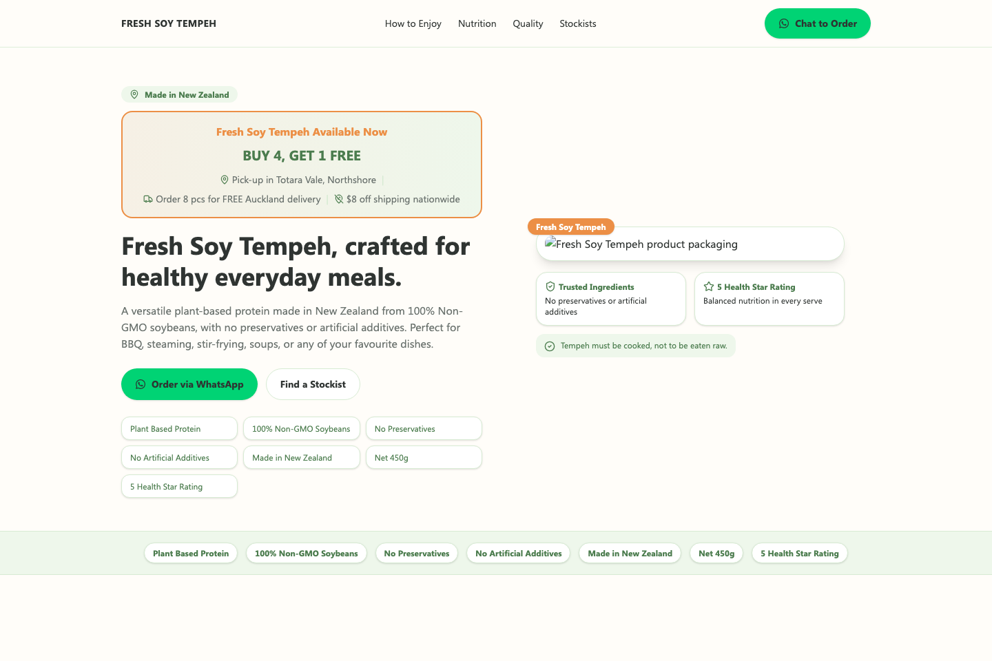Fresh Soy Tempeh desktop landing page preview